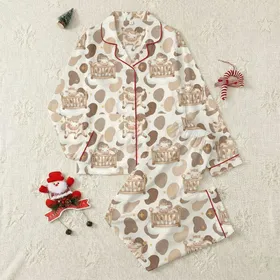 Animal Lovers' Whimsical Watercolor Baby Calves Crib Clouds Stars Creamy Off-White Brown Spot Pattern Satin Pajamas Set
