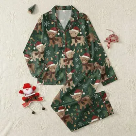 Highland Cow Fans' Whimsical Festive Highland Cows Faux Yarn Print, Plaid Scarves, Pine Branches, Amber Lights on Forest Green Satin Pajamas Set