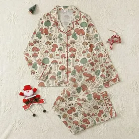 Nature Lover's Whimsical Hand-Drawn Mushroom Pattern: Earthy Terracotta & Sage Fungi Design Satin Pajamas Set