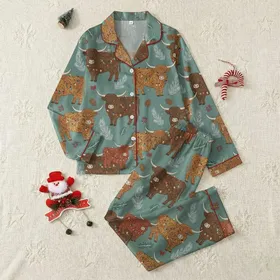 Western Farm Lovers' Shaggy Highland Cow & Calf Rustic Christmas Design, Multi-Color Lights, Frosted Pine & Berries on Muted Teal Satin Pajamas Set
