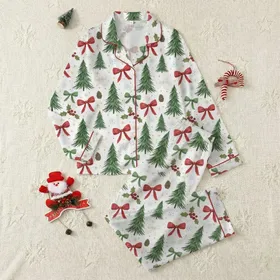 Women's Intricate Watercolor Forest Green Pine Tree, Red Bow, Holly Berry, Gold Starburst Holiday Pattern Satin Pajamas Set