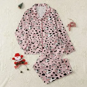 Women's Cheerful Cartoon Cow Black Spot Pastel Pink All-Over Pattern Satin Pajamas Set