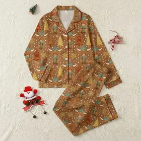 Holiday Enthusiasts' Whimsical Highland Calves, Muted Teal Plaid Beanies, Golden Glitter Snowflakes Satin Pajamas Set