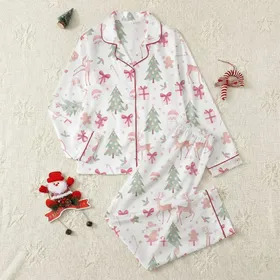 Whimsical Pink Christmas Watercolor Scatter - Santa, Reindeer, Trees, Gifts Design Satin Pajamas Set