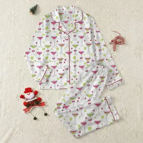 Women's Whimsical Hand-Drawn Martini Coupe Glasses Pink Lime Green Bow Cherry Pattern Satin Pajamas Set