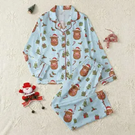 Women's Whimsical Festive Highland Cow Pattern, Red Santa Hats, Green Christmas Trees, Candy Canes, Holly, Sky Blue Satin Pajamas Set