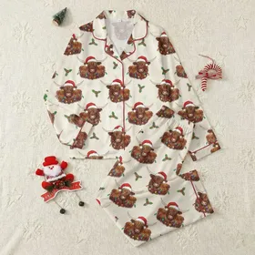Highland Cow Fans' Whimsical Auburn Watercolor Cows, Christmas Lights, Santa Hat & Holly Pattern Satin Pajamas Set