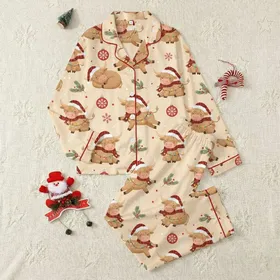 Festive Christmas Cow Lovers' Whimsical Highland Santa Cow Pattern String Lights Red Ornaments Satin Pajamas Set