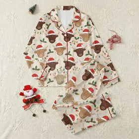 Christmas Enthusiasts' Charming Hand-Stitched Highland Cow & Santa Hat Festive All-Over Pattern with Lights, Holly, Snowflakes Satin Pajamas Set