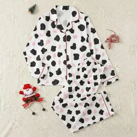 Women's Playful Flat Graphic Black Cow Spots and Soft Pink Blobs on White Satin Pajamas Set
