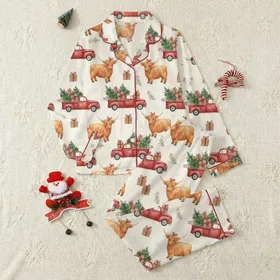 Whimsical Highland Cow Lovers' Creamy Off-White Watercolor Red Truck Christmas Tree & Presents Pattern Satin Pajamas Set
