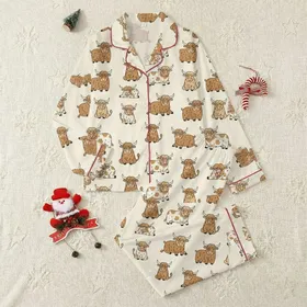 Highland Cow Lovers' Whimsical Cartoon Highland Cow Repeating Pattern Warm Brown & Cream Tones Satin Pajamas Set