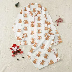 Highland Cow Design: Gentle Wildflower Pattern - Caramel Shaggy Calves Wearable Art Satin Pajamas Set