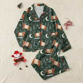 Cottagecore Animal Lovers' Whimsical Red-Brown Highland Cow Folk Pattern, Snowy Fir Trees & Muted Copper Satin Pajamas Set