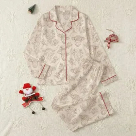 Highland Cow Lovers' Earthy Taupe Sepia Rustic Line Art Scattered Cow & Wildflower Pattern Satin Pajamas Set