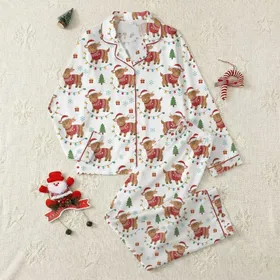 Christmas Animal Lovers Whimsical Baby Highland Cow Festive Red Fair Isle Sweater Pattern with Colorful Lights Satin Pajamas Set