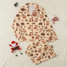 Cottagecore Enthusiasts' Whimsical Red-Brown Highland Cow, Fluffy Cloud & Pearl Seamless Pattern Satin Pajamas Set