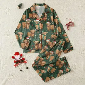 Women's Whimsical Highland Calf Christmas Pattern with Red Santa Hats, Green Antlers, String Lights & Pine Berries Satin Pajamas Set