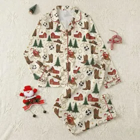 Family's Rustic Western Christmas Muted Cream Red Green Cowboy Santa Pattern Satin Pajamas Set