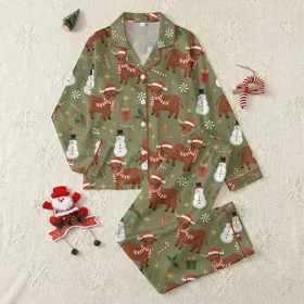 Cow Lovers' Whimsical Highland Cow Christmas Pattern with Santa Hats, Snowmen, Candy Canes, Holly, and Festive Red-Green Gifts Satin Pajamas Set