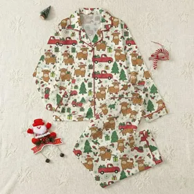 Holiday Farm Animal Enthusiasts' Whimsical Highland Cow Vintage Truck Christmas Pattern in Deep Red & Evergreen Satin Pajamas Set