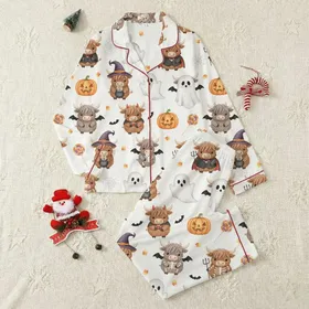 Family's Whimsical Watercolor Halloween Highland Cow Costume Pattern: Witches, Vampires, Ghosts, Orange Pumpkins Satin Pajamas Set