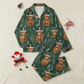 Cozy Winter Fans' Whimsical Highland Cow & Hot Cocoa Repeating Pattern, Gold Accents on Forest Green Satin Pajamas Set