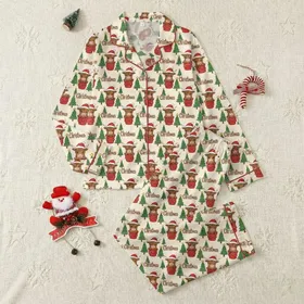 Western Christmas Lovers' Charming Brown Highland Cow Santa Hat, Red Bucket & Green Tree Christmas Pattern Satin Pajamas Set