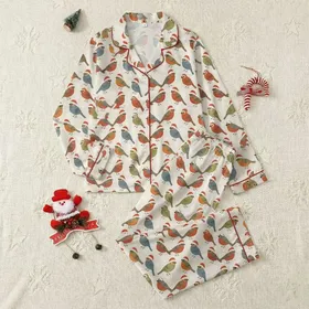Bird Lovers' & Family Holiday Whimsical Songbird Festive Red Santa Hat Pattern, Creamy Winter Foliage & Snowflakes Satin Pajamas Set