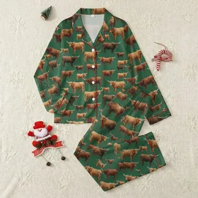 Women's Photorealistic Highland Cattle Rusty Brown Tan Emerald Green Organic Repeat Pattern Satin Pajamas Set