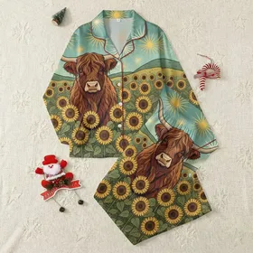 Highland Cow Lovers' Majestic Red-Brown Cow in Vibrant Sunflower Field Seamless Illustrative Art Teal Sky Satin Pajamas Set