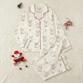Highland Cow Lovers' Black Line Art Whimsical Calves Seamless Pattern with Thistles on Pale Cream Satin Pajamas Set