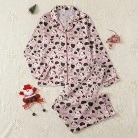 Animal Lovers' All-Over Pastel Pink Whimsical Cartoon Cow & MooW Text Pattern Satin Pajamas Set