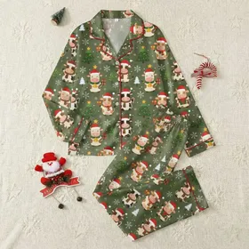 Farm Animal Lovers' Merry Christmas Cow Pattern with Santa Hats, Trees, and Snowflakes on Olive Green Satin Pajamas Set