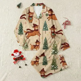 Highland Cow Lovers' Whimsical Watercolor Winter Wonderland with Red Plaid & Forest Green Pines Satin Pajamas Set