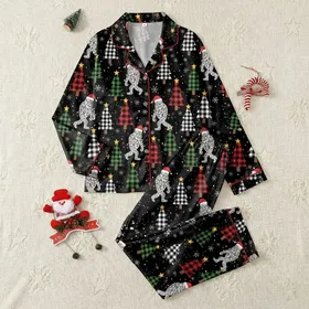 Family Fun Whimsical Bigfoot Leopard Print Red Santa Hat Multi-Colored Lights Plaid Trees White Snowfall Black Pattern Satin Pajamas Set