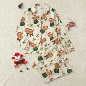Holiday Animal Lovers Whimsical Winking Highland Cow Santa Hat Plaid Scarf Holly Snow Cream Christmas Pattern Satin Pajamas Set