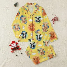 Women's Vibrant Canary Yellow Watercolor Cow Portraits with Sapphire Blue Teal Splatters & Whimsical Farm Elements Satin Pajamas Set