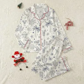 Coastal Cowgirl Style Lovers' Whimsical Hand-Drawn Cream & Navy Blue Line Art Seashells, Cactus, Cowboy Boots Pattern Satin Pajamas Set