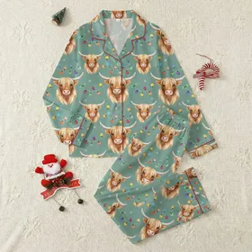 Highland Cow Lovers' Watercolor Shaggy Fur String Lights Snowflake Seafoam Pattern Satin Pajamas Set