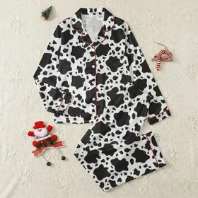 Unisex Adults' Bold Black White Abstract Cow Pattern Fluid Design Satin Pajamas Set