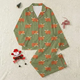 Highland Cow Lovers' Burnt Orange Olive Green Minimalist Pixel-Art Shaggy Cow Pattern Satin Pajamas Set