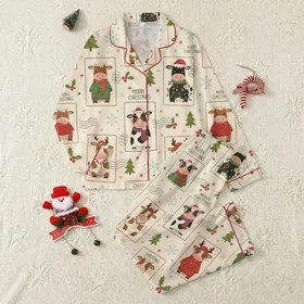 Cow Lovers' Whimsical Christmas Cow Postage Stamp Illustration with Festive Ivory Red Green Blue Accents Satin Pajamas Set