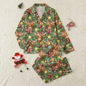 Festive Farm Animal Fans' Rustic Watercolor Highland Cow Faces, Red Holly, Forest Green Fir, Gold & Teal Ornaments Pattern Satin Pajamas Set