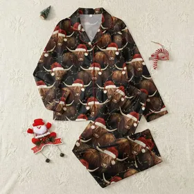 Farmhouse Christmas Enthusiasts' Shaggy Deep Brown Highland Cow Santa Hat Golden Berry Lights Pattern Satin Pajamas Set
