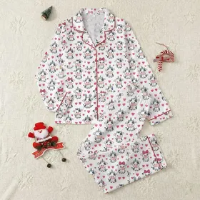 Women's Kawaii Party Baby Cows Seamless White Pattern with Pink Snouts, Blue Spots, Fuchsia Hats & Hearts Satin Pajamas Set