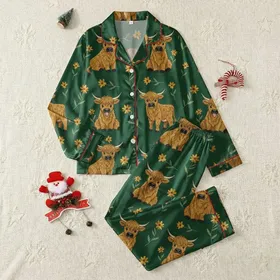 Whimsical Animal Lovers Fluffy Highland Cow Calves Wildflower Meadow Rustic Pattern, Golden Brown & Forest Green Satin Pajamas Set