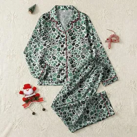 Women's Playful Abstract Muted Teal & Black Organic Amoeba Pattern Satin Pajamas Set