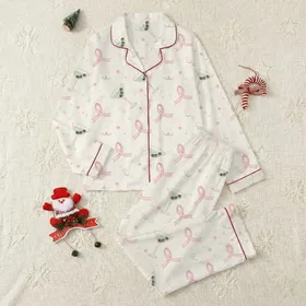 Women's Whimsical Light Pink Ribbon Pale Mint Martini Glass Creamy Off-White Pattern Satin Pajamas Set