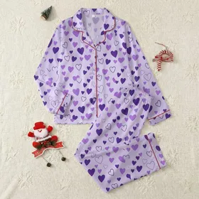 Sweetheart's Playful Lavender Purple Hearts All-Over Wearable Design Satin Pajamas Set